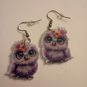 Charming Owl Earrings - Purple and Silver